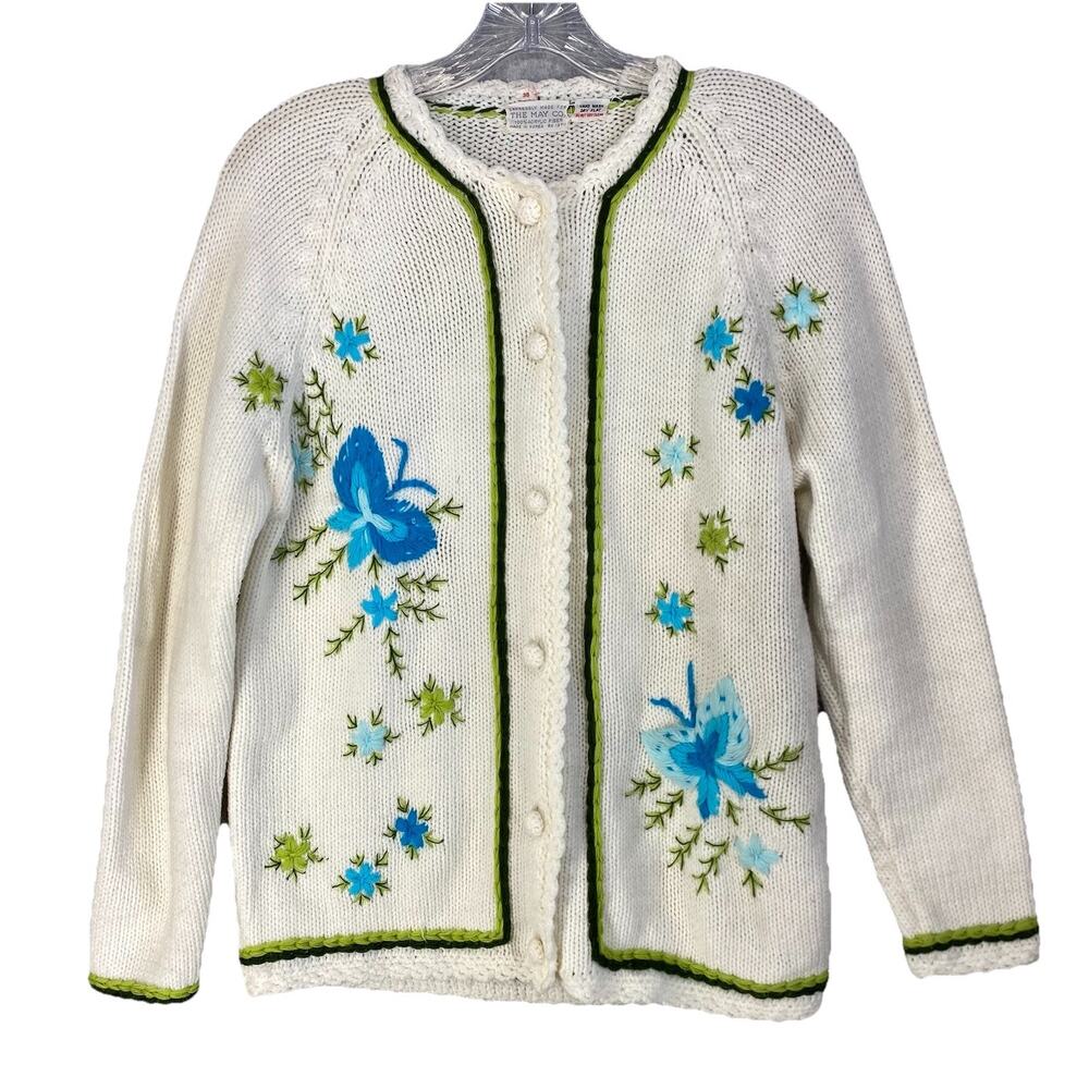 🦋 May Co Womens 38 Medium Embroidered Butterfly Cardigan Cottagecore 🦋